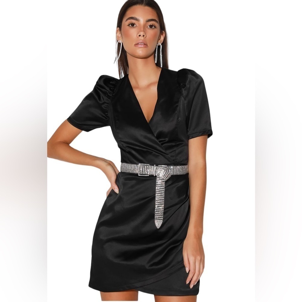 Lulus Ecstatic Evening Black Satin Puff Sleeve Ruched Mini Dress